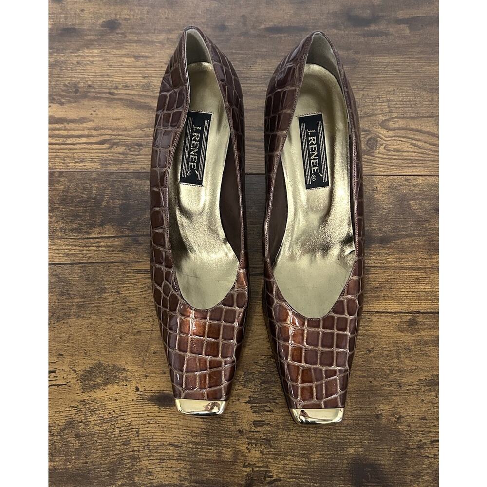 Vintage J. Renee Brown Crocodile Embossed Pump Heels Size 11 Gold Toe Cap Luxury - Picture 11 of 11